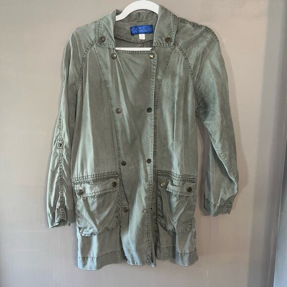 Francesca’s Blue Rain Olive Green Twill Utility Jacket Snap Buttons, Small S / M - Picture 3 of 14